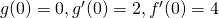 g(0) = 0, g'(0) = 2, f'(0) = 4